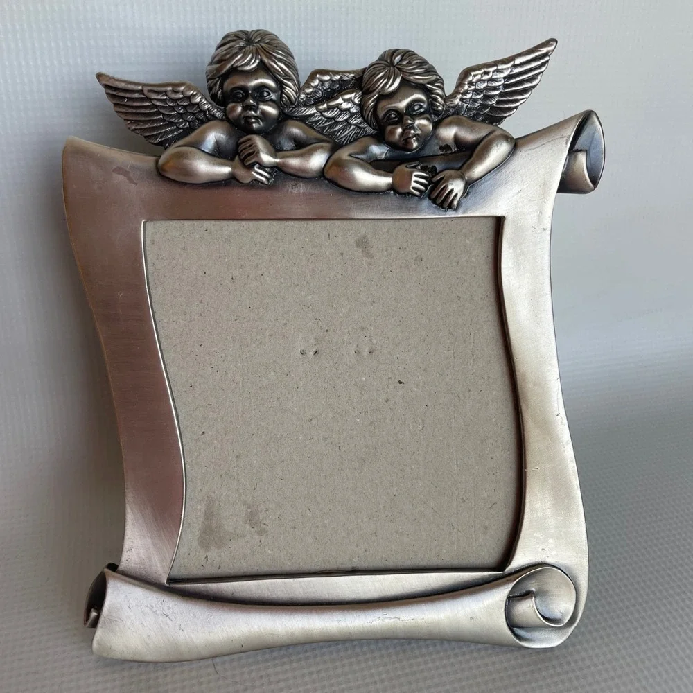 Cherub Scroll Picture Frame Pewter Tone Angel 5x5 Vintage Style Tabletop Decor